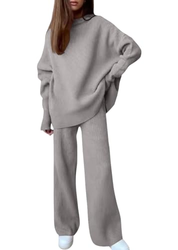 shownicer Damen 2 Stück Strickanzug Langarm Strickpullover Und Jogginghose Zweiteilige Outfit Freizeitanzug Loungewear Set B Grau M von shownicer