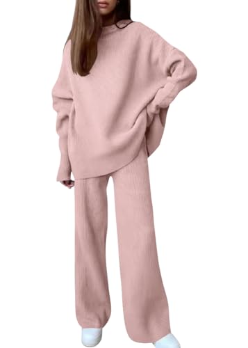 shownicer Damen 2 Stück Strickanzug Langarm Strickpullover Und Jogginghose Zweiteilige Outfit Freizeitanzug Loungewear Set B Rosa XL von shownicer