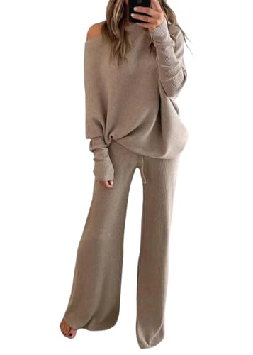 shownicer Damen 2 Stück Strickanzug Langarm Strickpullover Und Jogginghose Zweiteilige Outfit Freizeitanzug Sportanzug Loungewear Set A Khaki L von shownicer