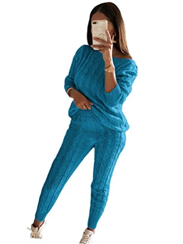 shownicer Damen 2 Stück Strickanzug Langarm Strickpullover Und Lange Jogginghose Zweiteilige Schulterfrei Beiläufig Outfit Freizeitanzug Sportanzug Loungewear Set Trainingsanzug A Dunkelblau XXL von shownicer