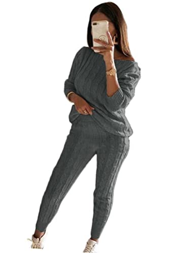 shownicer Damen 2 Stück Strickanzug Langarm Strickpullover Und Lange Jogginghose Zweiteilige Schulterfrei Beiläufig Outfit Freizeitanzug Sportanzug Loungewear Set Trainingsanzug A Grau XXL von shownicer