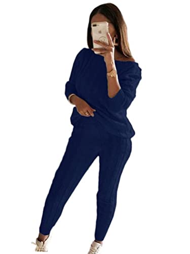 shownicer Damen 2 Stück Strickanzug Langarm Strickpullover Und Lange Jogginghose Zweiteilige Schulterfrei Beiläufig Outfit Freizeitanzug Sportanzug Loungewear Set Trainingsanzug A Marine XS von shownicer