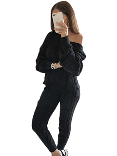 shownicer Damen 2 Stück Strickanzug Langarm Strickpullover Und Lange Jogginghose Zweiteilige Schulterfrei Beiläufig Outfit Freizeitanzug Sportanzug Loungewear Set Trainingsanzug A Schwarz XL von shownicer