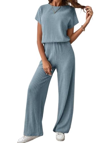 shownicer Damen 2 Stück Strickanzug aus Kurzarm Strickpullover Und Lange Jogginghose Zweiteilige Beiläufig Outfit Freizeitanzug Sportanzug Loungewear Set A Blau XS von shownicer