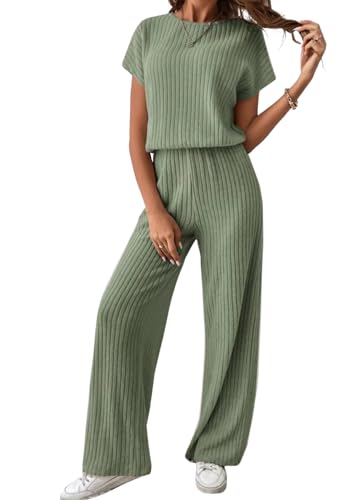 shownicer Damen 2 Stück Strickanzug aus Kurzarm Strickpullover Und Lange Jogginghose Zweiteilige Beiläufig Outfit Freizeitanzug Sportanzug Loungewear Set A Grün XS von shownicer