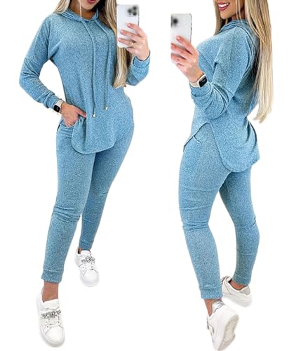 shownicer Damen 2 Stücke Sportanzüge Jogginganzug Sport Sets Outfit Freizeitanzug 2 Teilig Sportswear Langarm Kapuzenpullover + Jogginghose Zweiteiler mit Taschen A Blau S von shownicer