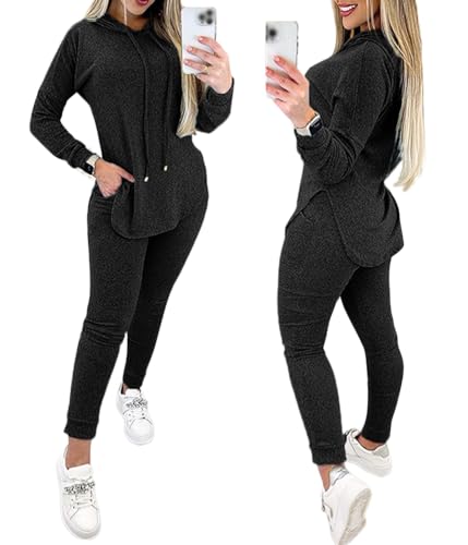 shownicer Damen 2 Stücke Sportanzüge Jogginganzug Sport Sets Outfit Freizeitanzug 2 Teilig Sportswear Langarm Kapuzenpullover + Jogginghose Zweiteiler mit Taschen A Schwarz S von shownicer