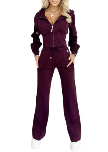 shownicer Damen 2 Teilig Freizeitanzug Set Retro Sportanzug Traingsanzug Jogginganzug Kapuzenpullover Lange Ärmel Top Lange Hose Streetwear Outfit A Weinrot S von shownicer