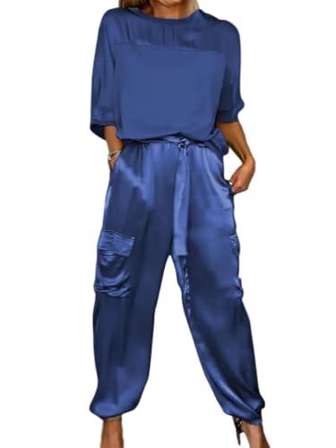 shownicer Damen 2 Teilig Set Traingsanzug Zweiteilige Jogginganzug Freizeitanzug Sport Set T-Shirt mit V-Ausschnitt und Hose Sportanzug A Dunkelblau L von shownicer