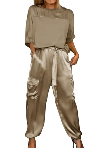 shownicer Damen 2 Teilig Set Traingsanzug Zweiteilige Jogginganzug Freizeitanzug Sport Set T-Shirt mit V-Ausschnitt und Hose Sportanzug A Khaki XS von shownicer