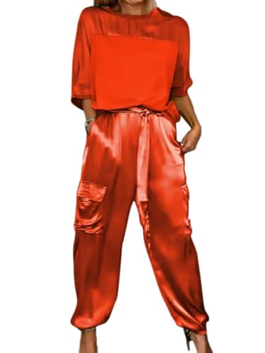 shownicer Damen 2 Teilig Set Traingsanzug Zweiteilige Jogginganzug Freizeitanzug Sport Set T-Shirt mit V-Ausschnitt und Hose Sportanzug A Rot XL von shownicer