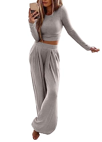 shownicer Damen 2 Teiliges Lässig Outfits Lounge Set Tracksuit Sommer Gerippt Stricken Crop Top Lange Hosen Trainingsanzug Kurzarm Bluse Loose breite Bein Hosen A Hellgrau S von shownicer