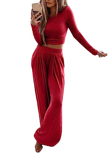 shownicer Damen 2 Teiliges Lässig Outfits Lounge Set Tracksuit Sommer Gerippt Stricken Crop Top Lange Hosen Trainingsanzug Kurzarm Bluse Loose breite Bein Hosen A Rot S von shownicer