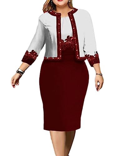 shownicer Damen Große Größen Abendkleid 3/4 Arm Bodycon Kleid Zweiteiliges Set Vintage Print Midi Kleider Bleistiftkleid Cocktailkleid mit Kurz Jacke A Rot 4XL von shownicer