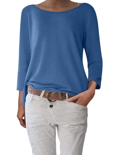 shownicer Damen 3/4 Arm Shirt U-Boot Ausschnitt Basic T-Shirt Pullover Elegant Klassische Oberteile Longshirt Tops A Blau L von shownicer