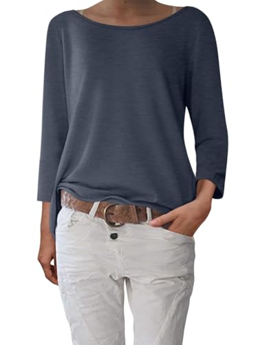 shownicer Damen 3/4 Arm Shirt U-Boot Ausschnitt Basic T-Shirt Pullover Elegant Klassische Oberteile Longshirt Tops A Marine M von shownicer