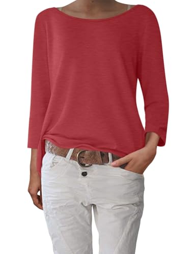 shownicer Damen 3/4 Arm Shirt U-Boot Ausschnitt Basic T-Shirt Pullover Elegant Klassische Oberteile Longshirt Tops A Rot L von shownicer