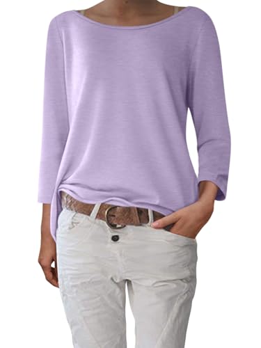 shownicer Damen 3/4 Arm Shirt U-Boot Ausschnitt Basic T-Shirt Pullover Elegant Klassische Oberteile Longshirt Tops A Violett XL von shownicer