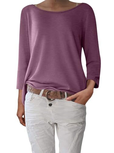 shownicer Damen 3/4 Arm Shirt U-Boot Ausschnitt Basic T-Shirt Pullover Elegant Klassische Oberteile Longshirt Tops A Weinrot XL von shownicer