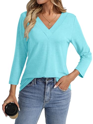 shownicer T-Shirt Damen 3/4 Arm Shirt V-Ausschnitt Tshirt Sommer Oberteil Lässig Basic Tops A Grün XXL von shownicer