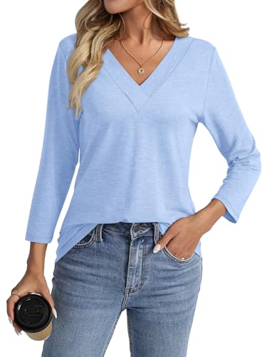 shownicer T-Shirt Damen 3/4 Arm Shirt V-Ausschnitt Tshirt Sommer Oberteil Lässig Basic Tops A Hellblau XXL von shownicer