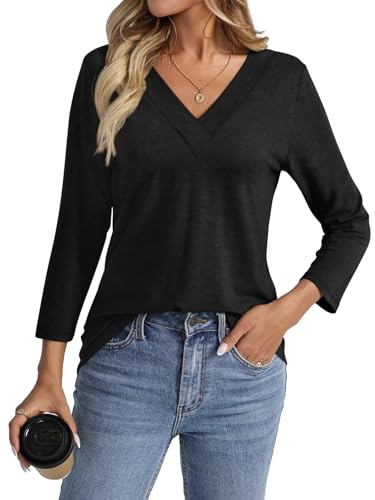 shownicer T-Shirt Damen 3/4 Arm Shirt V-Ausschnitt Tshirt Sommer Oberteil Lässig Basic Tops A Schwarz M von shownicer