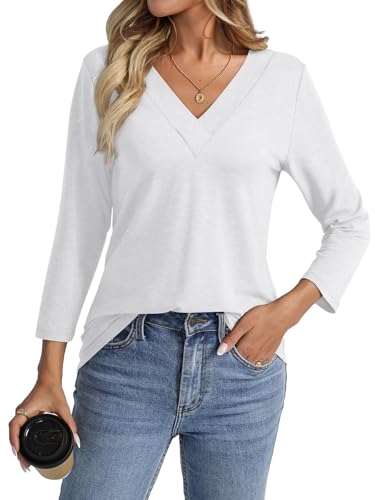 shownicer T-Shirt Damen 3/4 Arm Shirt V-Ausschnitt Tshirt Sommer Oberteil Lässig Basic Tops A Weiß XXL von shownicer