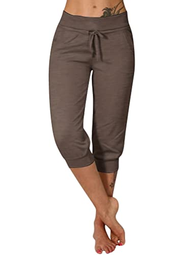 shownicer Damen 3/4 Jogginghose Trainingshose High Waist Sporthose Yoga Hosen Freizeithose Sweathose Yoga Fitness A Khaki L von shownicer