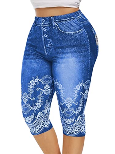 shownicer Damen 3/4 Leggings Capri Jeggings Jeansoptik Sporthose Große Größen Yogahose Stretch Skinny Sportleggings Tights Lange Fitnesshose Shorts D Blau L von shownicer