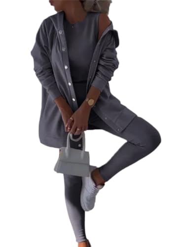 shownicer Damen 3 Stücke Set Trainingsanzug Hausanzug Set Frauen Langarm Kapuzenjacke Und Einfarbig Crop Top Und Jogginghose Freizeitanzug Sportswear A Grau XL von shownicer