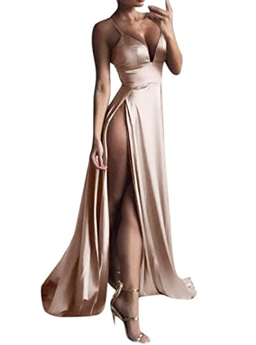 shownicer Damen Ärmellos V-Ausschnitt Langes Partykleid Spaghetti-Träger Rückenfreie Abendkleider Elegant Seitenschlitz A-Linie Kleid A Aprikose S von shownicer