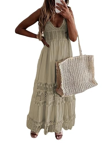shownicer Damen Ärmellos V-Ausschnitt Retro Sommer Spitzen Strandkleid Maxi Kleider Boho Lang Lose Sommerkleid Elegant Casual A-Linie Kleid A Beige L von shownicer