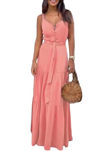 shownicer Damen Ärmellos V-Ausschnitt Retro Sommer Spitzen Strandkleid Maxi Kleider Boho Lang Lose Sommerkleid Elegant Casual A-Linie Kleid A Rosa L von shownicer