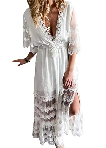 shownicer Damen Ärmellos V-Ausschnitt Retro Sommer Spitzen Strandkleid Maxi Kleider Boho Lang Lose Sommerkleid Elegant Casual A-Linie Kleid B Weiß 3XL von shownicer