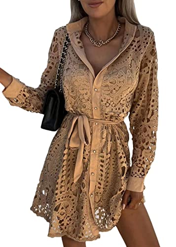 shownicer Damen Ärmellos V-Ausschnitt Retro Sommer Spitzen Strandkleid Maxi Kleider Boho Lang Lose Sommerkleid Elegant Casual A-Linie Kleid D Braun 3XL von shownicer