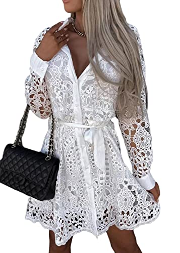 shownicer Damen Ärmellos V-Ausschnitt Retro Sommer Spitzen Strandkleid Maxi Kleider Boho Lang Lose Sommerkleid Elegant Casual A-Linie Kleid D Weiß 3XL von shownicer