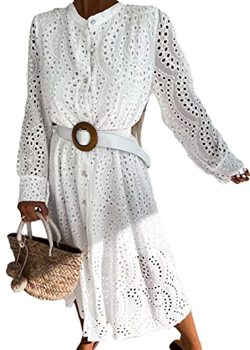 shownicer Damen Ärmellos V-Ausschnitt Retro Sommer Spitzen Strandkleid Maxi Kleider Boho Lang Lose Sommerkleid Elegant Casual A-Linie Kleid E Weiß XXL von shownicer