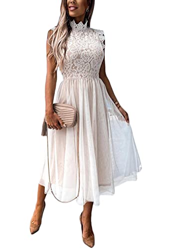 shownicer Damen Ärmellos V-Ausschnitt Retro Sommer Spitzen Strandkleid Maxi Kleider Boho Lang Lose Sommerkleid Elegant Casual A-Linie Kleid F Weiß XL von shownicer