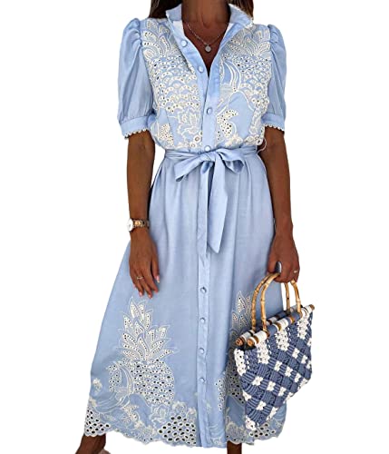 shownicer Damen Ärmellos V-Ausschnitt Retro Sommer Spitzen Strandkleid Maxi Kleider Boho Lang Lose Sommerkleid Elegant Casual A-Linie Kleid I Blau M von shownicer