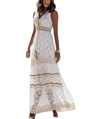 shownicer Damen Ärmellos V-Ausschnitt Retro Sommer Spitzen Strandkleid Maxi Kleider Boho Lang Lose Sommerkleid Elegant Casual A-Linie Kleid T Weiß M von shownicer