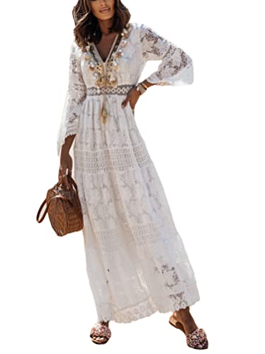 shownicer Damen Ärmellos V-Ausschnitt Retro Sommer Spitzen Strandkleid Maxi Kleider Boho Lang Lose Sommerkleid Elegant Casual A-Linie Kleid U Weiß M von shownicer