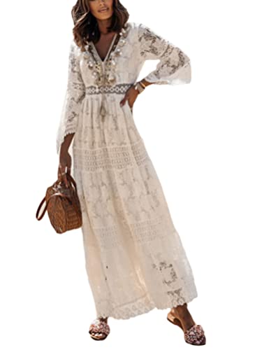 shownicer Damen Ärmellos V-Ausschnitt Retro Sommer Spitzen Strandkleid Maxi Kleider Lang Lose Boho Sommerkleid Elegant Casual A-Linie Kleid U Aprikose XL von shownicer