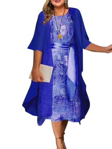 shownicer Damen Ärmelloses Rundhals Freizeitkleid Elegant Zweiteiler Tüll Cardigan 2er Set A-Linie Chiffon Kleid A Dunkelblau L von shownicer