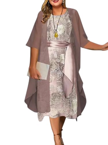 shownicer Damen Ärmelloses Rundhals Freizeitkleid Elegant Zweiteiler Tüll Cardigan 2er Set A-Linie Chiffon Kleid A Hellrosa M von shownicer