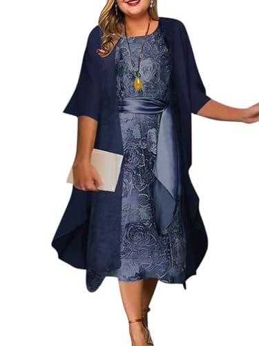 shownicer Damen Ärmelloses Rundhals Freizeitkleid Elegant Zweiteiler Tüll Cardigan 2er Set A-Linie Chiffon Kleid A Marine L von shownicer