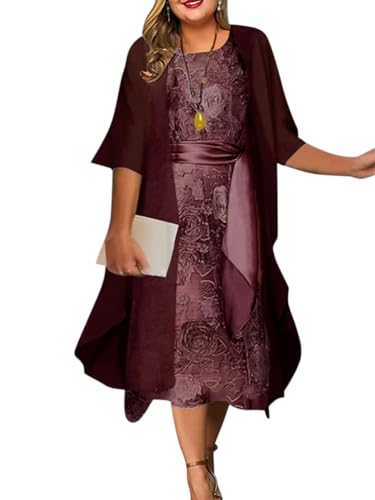 shownicer Damen Ärmelloses Rundhals Freizeitkleid Elegant Zweiteiler Tüll Cardigan 2er Set A-Linie Chiffon Kleid A Weinrot XXL von shownicer