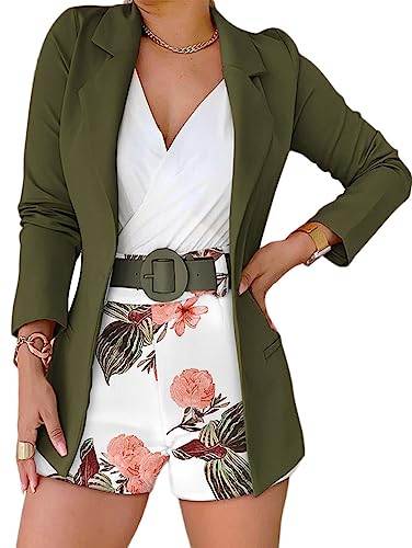 shownicer Damen Anzug 3 Teiler Elegant Blazer Und Shorts Und Gürtel Set Bussiness Outfit Sexy Kurz Bekleidung Slim Fit Kurze Hosen Streetwear Blazer Anzüge A Grün XL von shownicer