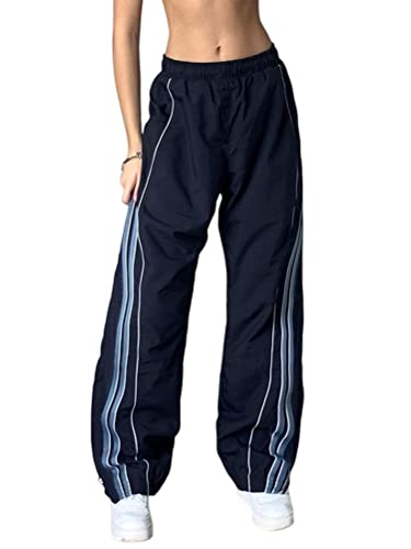 shownicer Damen Baggy Hose Cargohose Y2K Track Pants Streetwear Elastische Taille Hose Low Waist Freizeithose Vintage Oversize 90er E-Girl Breite Trousers Jogginghose A Blau L von shownicer