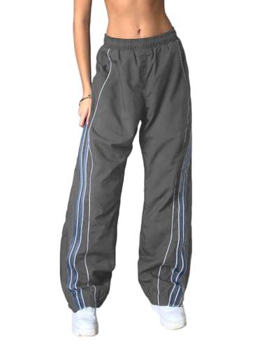 shownicer Damen Baggy Hose Cargohose Y2K Track Pants Streetwear Elastische Taille Hose Low Waist Freizeithose Vintage Oversize 90er E-Girl Breite Trousers Jogginghose A Grau L von shownicer