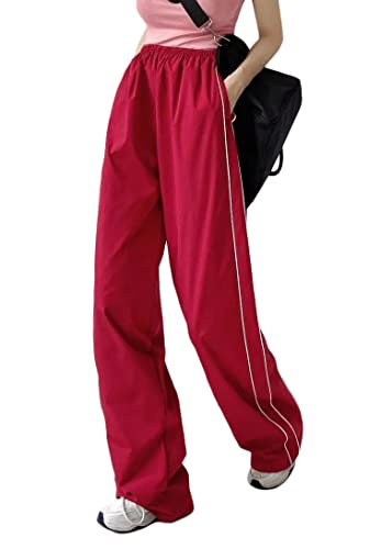 shownicer Damen Baggy Hose Cargohose Y2K Track Pants Streetwear Elastische Taille Hose Low Waist Freizeithose Vintage Oversize 90er E-Girl Breite Trousers Jogginghose E Rot M von shownicer